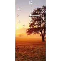 Wallario Design Wanduhr bedruckt, Größe 30 x 60 cm, Motiv: Sonnenaufgang über der Wiese mit Nebel