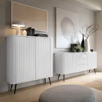 Lomadox Wohnzimmer Set weiß gerillt, Highboard und Sideboard, Füße schwarz, ZARA-160