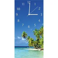 Wallario Design Wanduhr bedruckt, Größe 30 x 60 cm, Motiv: Blauer Himmel weißer Strand Palmen und das tiefblaue Meer