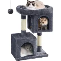 Feandrea Kratzbaum, 74 cm Katzenbaum, M, Katzenhaus für mittelgroße Katzen bis zu 5 kg, große Plattform, 2 Katzenhöhlen, Sisalstämme, rauchgrau PCT612G01