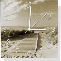 Wallario Design Wanduhr Auf dem Holzweg zum Strand in Sepiafarben aus Aluverbund, Größe 30 x 30 cm