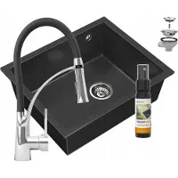Granitan - Granitspüle - Spülbecken 56x46 cm - Schwarz - mit Armatur und Siphon - SALIX