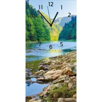 Wallario Design Wanduhr bedruckt, Größe 30 x 60 cm, Motiv: Fluss in den Bergen an steinigem Ufer