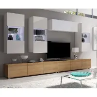 Lomadox Wohnwand mit beleuchteten Hängevitrinen in Eiche & weiß Hochglanz mit LED Beleuchtung CAIRNS-132, B/H/T ca. 300/200/43 cm