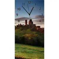 Wallario Design Wanduhr bedruckt, Größe 30 x 60 cm, Motiv: Schlosspanorama in England bei Sonnenaufgang