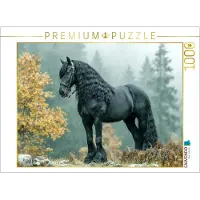 CALVENDO Puzzle Majestätisches Friesenpferd im Herbstwald | 1000 Teile Lege-Größe 64 × 48 cm Foto-Puzzle für glückliche Stunden