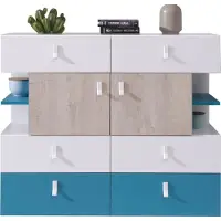 Masseno Kommode ISEO 110 cm Sideboard mit 6 Schubladen und 4 Türen für Wohnzimmer Schlafzimmer Modern 110x40x90 cm Weiß / Eichefarben