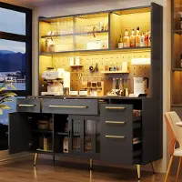MODFU Hochschrank,Sideboard mit Schubladen und LED Beleuchtung,Aufbewahrungsschrank,Küchenschrank mit Schubladen und Stauraum,Für Küche Und Wohnzimmer Schwarz
