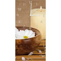 Wallario Design Wanduhr Stillleben - Kerzen und Blumenblüten in Holzschale aus Echtglas, Größe 30 x 60 cm