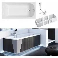 VBChome Badewanne 150 x 70 cm Weiß Acryl Wannenträger Platz für LED-Beleuchtung Styroporträger Siphon Wanne Rechteck Modern Ablaufgarnitur in Chrom