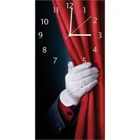 Wallario Design Wanduhr Vorhang auf für die Show Hand hinterm roten Vorhang aus Echtglas, Größe 30 x 60 cm