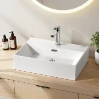 Emke Waschbecken Keramik, Aufsatzwaschbecken Hängewaschbecken mit Armaturenloch, Glänzend Weiß 60x36x13 cm