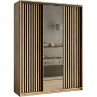 Masseno Schiebetürenschrank ORRA 150/205/60 cm Kleiderschrank mit Spiegel und Lamellen, 4 Schubladen Schlafzimmer Schrank 3-türig Eiche Wotan + Schwarz