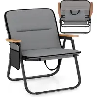 Costway 2er Set Campingstuhl faltbar, Klappstuhl mit abnehmbarem Kissen, Seitentasche & Armlehnen, Strandstuhl bis 150kg, Strandstuhl klappbar Grau