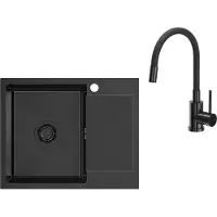 VBChome Edelstahlspüle mit Armatur 60 x 48 cm Schwarz Einbauspüle mit Zwei Löcher Spüle Groß Becken Küchenspüle mit Abtropffläche Siphon Küchenarmatur