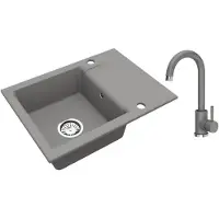 VBChome Granitspüle Grau 59 x 44 cm mit Armatur Einzelbecken Einbauspüle Reversibel Gesprenkelt Pflegeleichtes Spülbecken mit Siphon