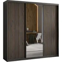 Masseno Schiebetürenschrank ORRA 200/205/60 cm Kleiderschrank mit Spiegel und Lamellen, 4 Schubladen Schlafzimmer Schrank 3-türig Schwarz + Eiche Wotan