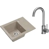 VBChome Spülbecken Granit Beige mit Armatur 55 x 44 cm Einzelbecken Einbauspüle Gesprenkelt Reversibel Granitspüle Siphon Waschbecken Armatur