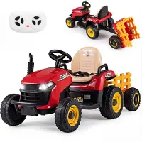Costway 24V Kindertraktor, Elektrotraktor mit Fernbedienung, Hupe, Schalthebel, Musik, kippbarem, abnehmbarem Anhänger&LED, für Kinder 3+, Rot
