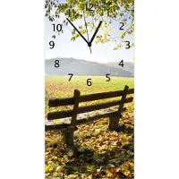 Wallario Design Wanduhr Idyllische Holzbank in den Bergen aus Echtglas, Größe 30 x 60 cm