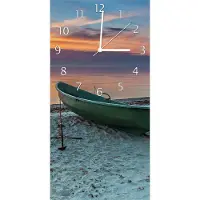 Wallario Design Wanduhr bedruckt, Größe 30 x 60 cm, Motiv: Einsames Fischerboot mit Anker am Strand