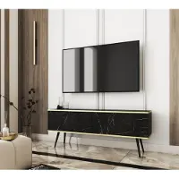 Emporius Furniture TV-Schrank Rodi - TV-Möbel mit 2 Klappen, Füße - TV-Lowboard 135 cm, Wohnzimmer, PUSH TO OPEN (Marmor + Schwarz)