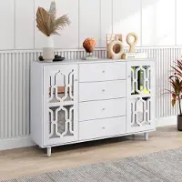 MODFU Kommode Sideboard mit verspiegelten Glastüren und 4 Schubladen, Anrichte Landhausstil Küchenschrank 148x102x40cm, Weiß