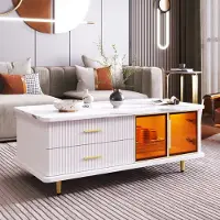 OKWISH Couchtisch Holztisch Moderner Sofatisch Kaffeetisch (TV-Schrank mit Glastüren und Schubladen, 1-St), TV-Board mit Metallfüße