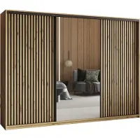 Masseno Schiebetürenschrank ORRA 270/205/60 cm Kleiderschrank mit Spiegel und Lamellen, 4 Schubladen Schlafzimmer Schrank 3-türig Eiche Artisan + Schwarz