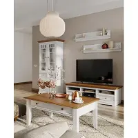 Lomadox Wohnzimmer Set, Massivholz in weiß mit Eiche Optik BORMIO-163,5-teilig
