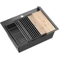 VBChome Edelstahlspüle 58 x 45 cm Schwarz Zubehörset Spender Schneidbrett Rollmatte Faltbarer Abtropfständer Einbauspüle mit Zwei Löcher Siphon