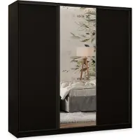 Masseno Schiebetürenschrank TARI 180/205/58 cm Kleiderschrank mit 4 Schubladen Schlafzimmer Schrank 3-türig mit Spiegel Schwarz