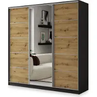 Masseno Schiebetürenschrank NATA 200/205/58 cm Kleiderschrank mit 4 Schubladen Schlafzimmer Schrank 3-türig mit Spiegel Schwarz / Eiche Artisan