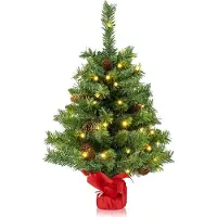 GIANTEX 64cm Künstlicher Weihnachtsbaum, Mini Weihnachtsbaum mit 50 LEDs 8 Licht Modi & 8 Tannenzapfen, Batterie betrieben, Klein Weihnachtsdeko für Tischdeko, inkl. Zementbasis