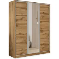 Masseno Schiebetürenschrank TARI 150/205/58 cm Kleiderschrank mit 4 Schubladen Schlafzimmer Schrank 3-türig mit Spiegel Eiche Wotan