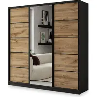 Masseno Schiebetürenschrank NATA 180/205/58 cm Kleiderschrank mit 4 Schubladen Schlafzimmer Schrank 3-türig mit Spiegel Schwarz / Eiche Wotan