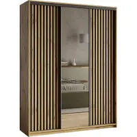 Masseno Schiebetürenschrank ORRA 150/205/60 cm Kleiderschrank mit Spiegel und Lamellen, 4 Schubladen Schlafzimmer Schrank 3-türig Eiche Artisan + Schwarz