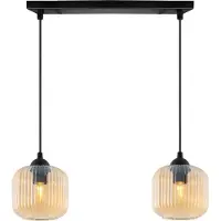 Light11 HOME Riffle Schwarze Hängelampe, 2 Flache, Honigfarbiger Lampenschirm, Zylinder E27