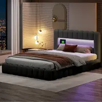 Moonbite Doppelbett 160×200 cm mit Stauraum, Stumpenbett mit LED-Beleuchtung, gepolstertes Bett, Bett für Erwachsene/Jugendliche, graue Bettwäsche