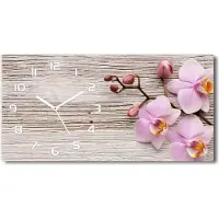 Tulup Wanduhr aus Glas – 60x30 cm - Glasbild - Glasuhr - Gehärtetes Glas - weisse-zeiger - Orchidee auf Holz