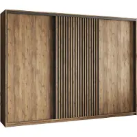 Masseno Schiebetürenschrank VONTE 250/205/60 cm Kleiderschrank mit Lamellen und Schubladen Schlafzimmer Schrank 3-türig Eiche Lefkas + Schwarz