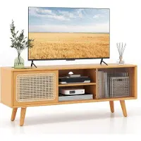 KOMFOTTEU Fernsehtisch TV-Schrank aus Bambus & Rattan, Fernsehschrank für TV bis zu 55 Zoll, TV Lowboard 120,5x31x45,5 cm