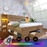 Youjia Doppelbett Massivholzbett 160×200, Stauraumbett Bettanlage mit LED-Beleuchtung und USB C Stauraum-Kopfteil und Schubladen