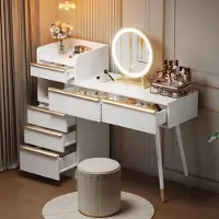 MODFU Schminktisch Weiß Frisiertisch mit LED-Spiegel,Kosmetiktisch mit ausziehbarer Tischplatte,6 Schubladen und Goldgriffen,Schminkkommode 102 × 100 × 41,5 cm