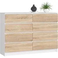 BDW , Kommode mit 8 Schubladen, 138x40x99 cm, K140, Weiß / Sonoma-eiche