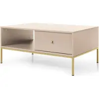 Emporius Furniture Couchtisch 150 cm Monti - Wohnzimmertisch mit Schubladen, Metallbeine 18 cm, Goldene Griffe (Beige + Gold)