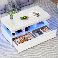 UnboxG Hochglanz-Couchtisch Beistelltisch mit LED-Beleuchtung und 2 Schubladen,104x53x46 cm – Beistelltisch mit Stauraum, Schublade, Wohnzimmertisch, Weiß