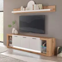Lomadox Wohnzimmer-Set mit Lowboard & Vitrinenschränken in Eiche mit weiß matt, inkl. LED Beleuchtung, modern, 4 teilig BELLAGIO-61