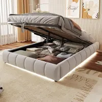 Youjia Polsterbett 140 x 200 cm, Ohne Kopfteil, mit LED-Lichtleiste (einfarbig), Hydraulischer Schwebebettrahmen mit Stauraum,Einzelbett, Jugendbett, Beige