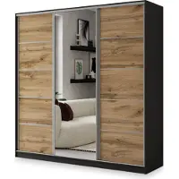 Masseno Schiebetürenschrank NATA 180/205/58 cm Kleiderschrank mit 4 Schubladen Schlafzimmer Schrank 3-türig mit Spiegel Schwarz / Eiche Wotan